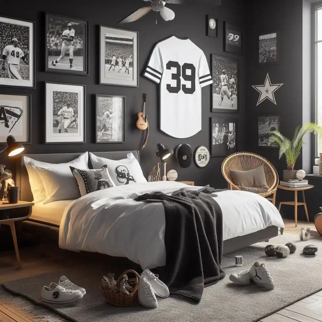 black and white bedroom with sports fan heaven