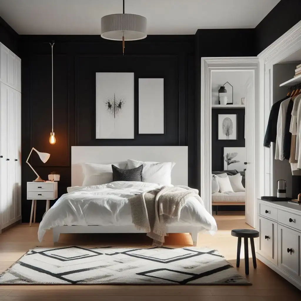black and white bedroom with white furniture and black wall