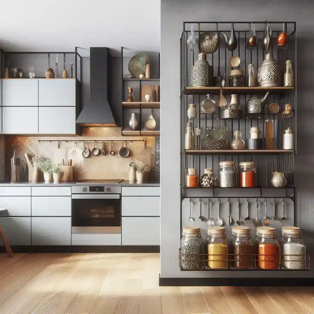 decorative spice rack on apartment kitchen wall