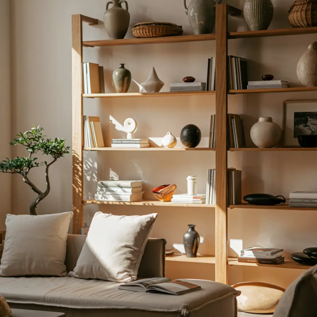 displaying books and decor in Japandi living room