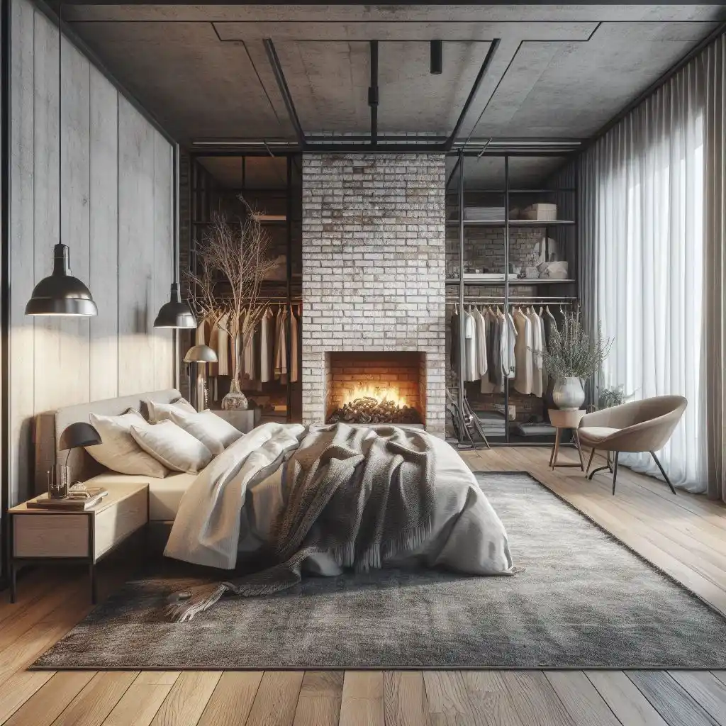 Master bedroom with exposed brick wall fireplace
