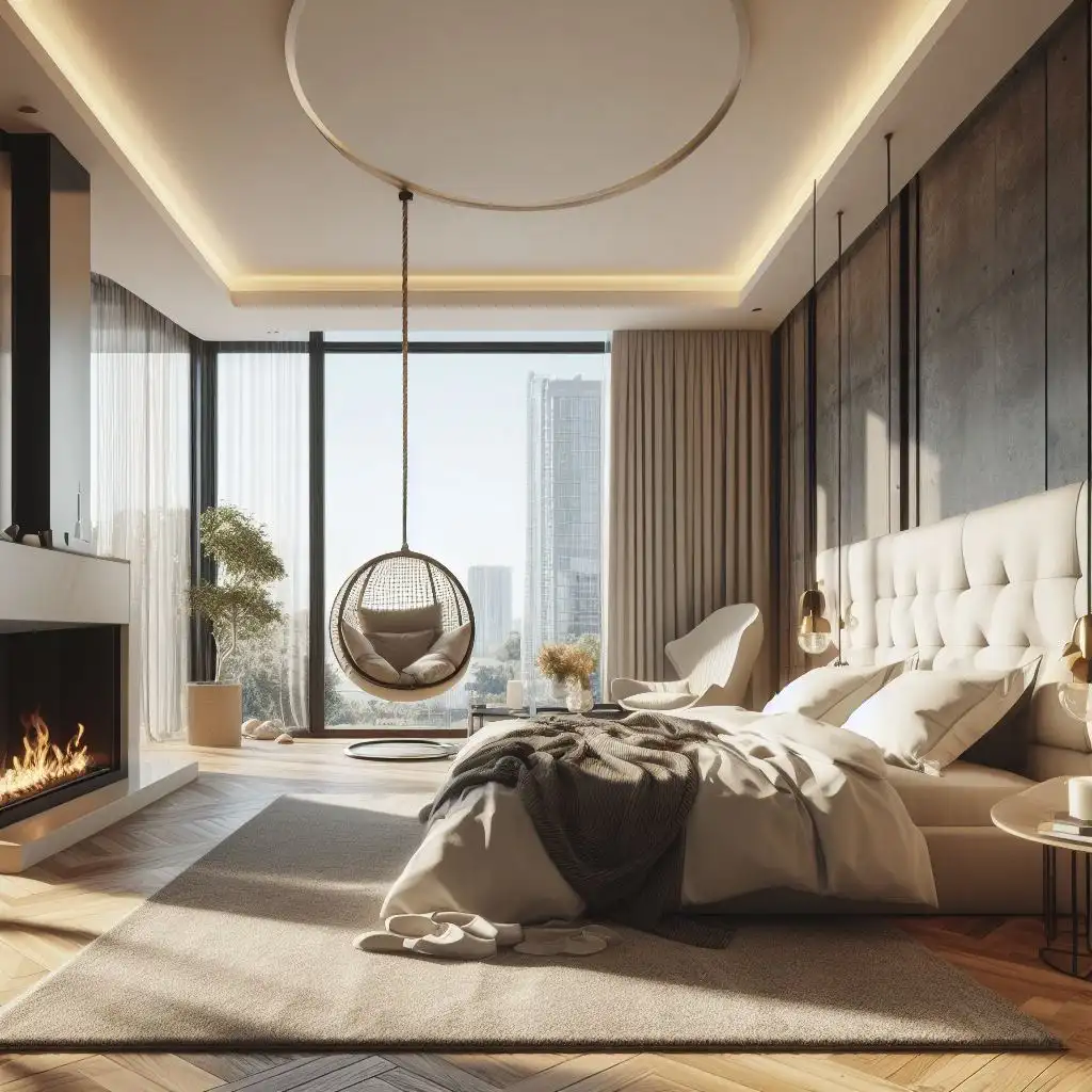 Master bedroom with fireplace and swing sitting