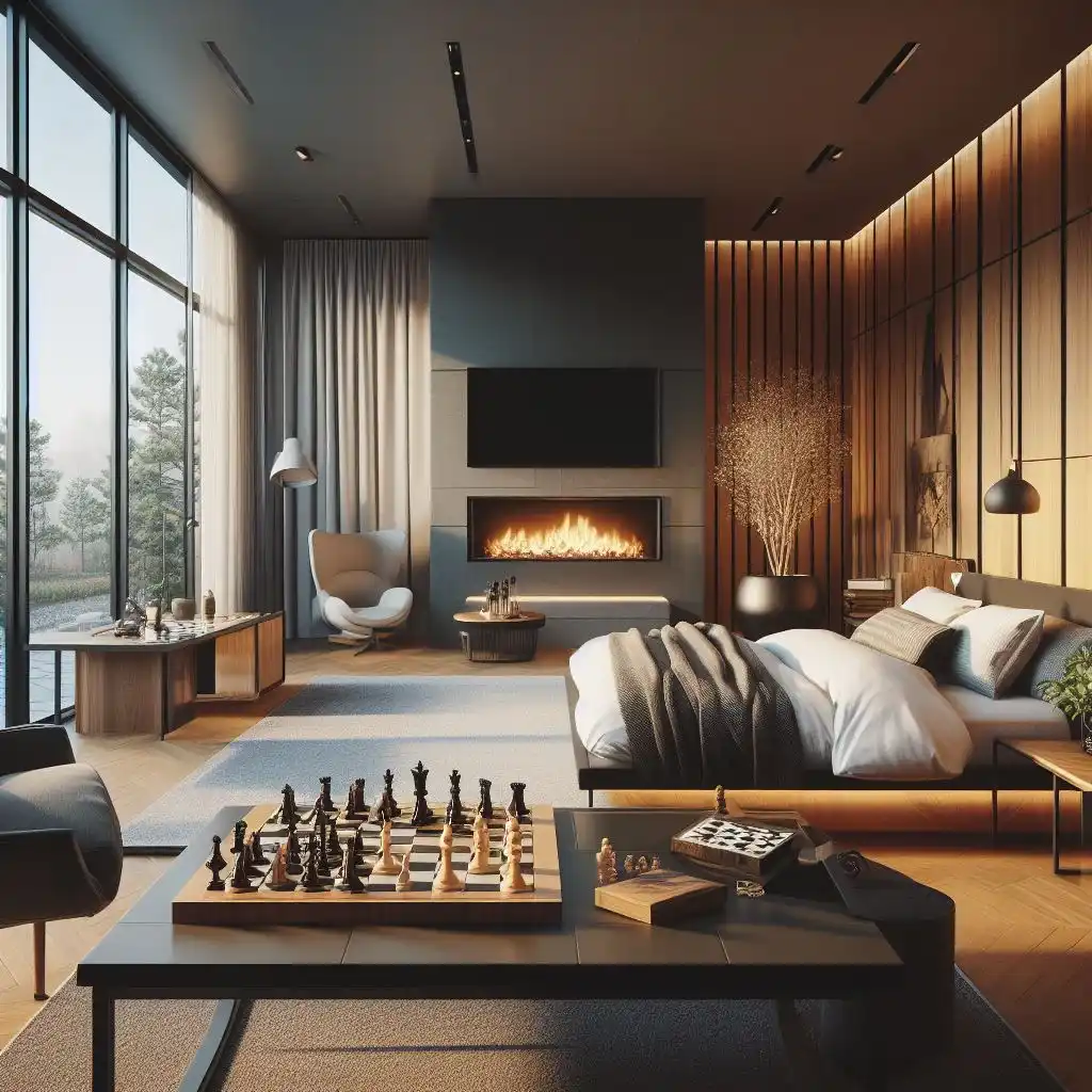 Master bedroom with fireplace and chess on table