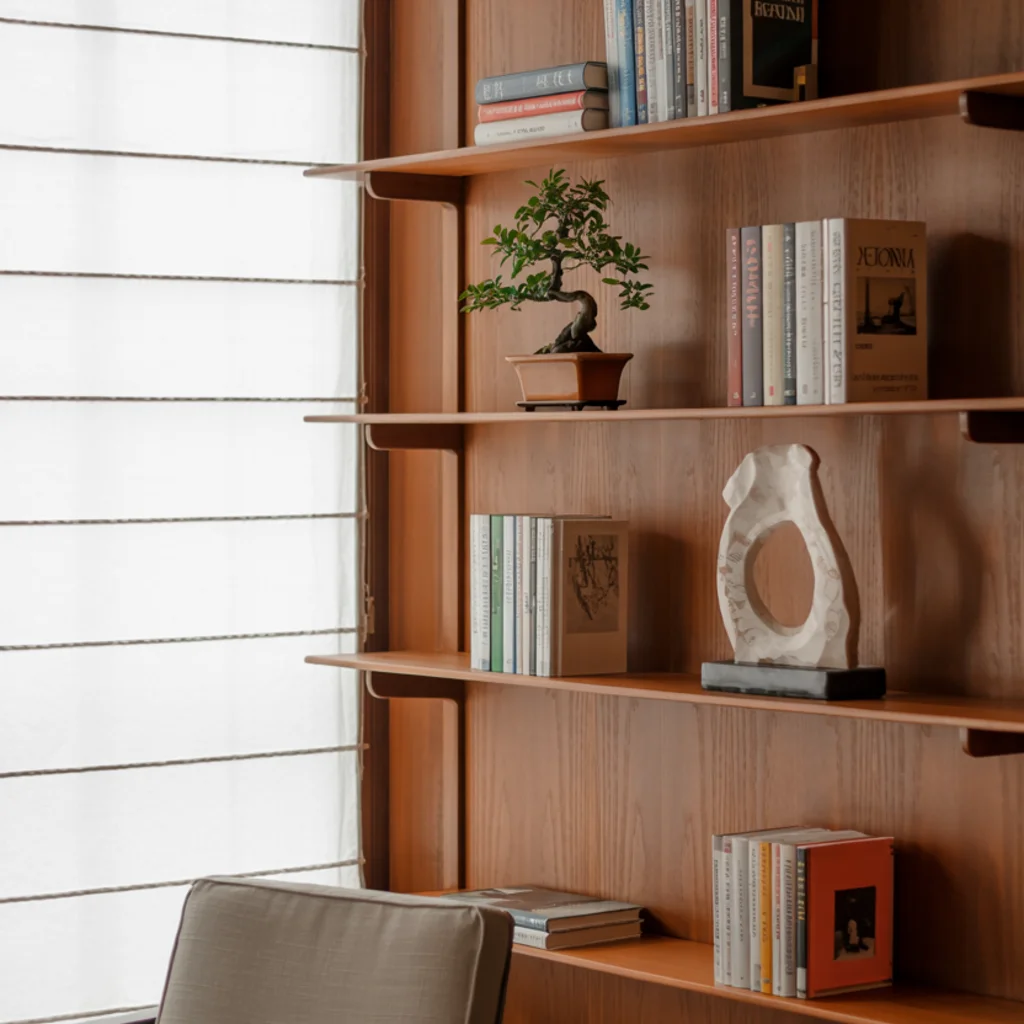 floating shelves in the japandi living room