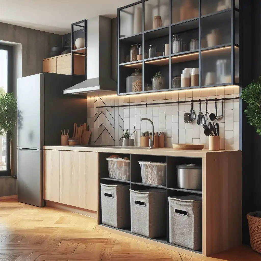 functional and stylish storage bins in apartment kitchen