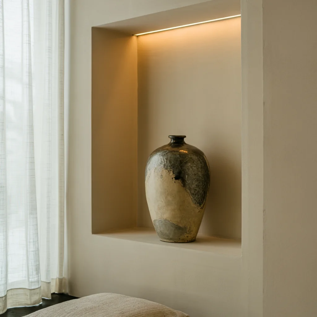 japandi living room with a simple, handcrafted vase or art piece