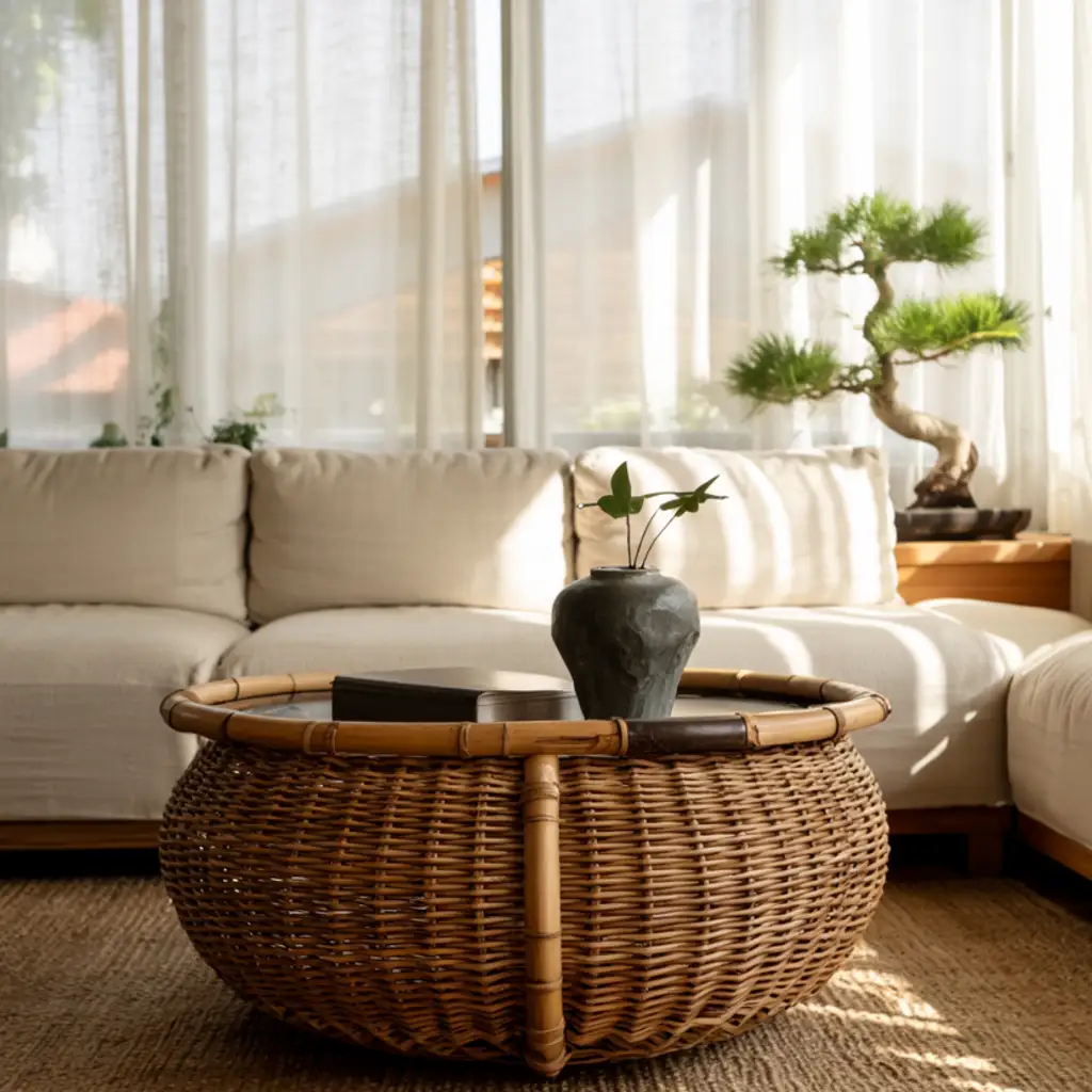 japandi living room with basket coffee table