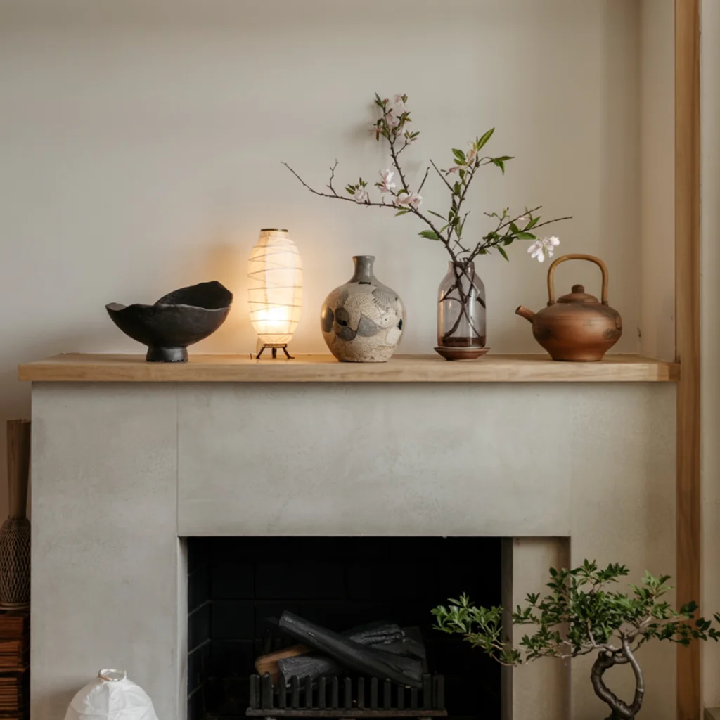 japandi living room with fireplace