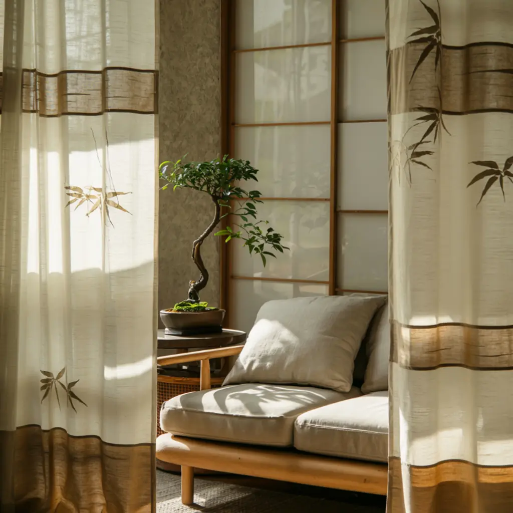 japandi living room with noren curtains