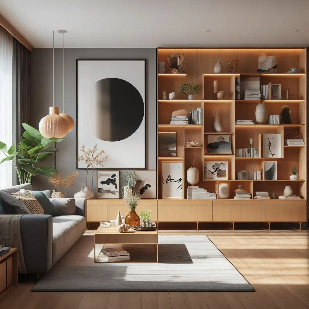 japandi living room with open shelving