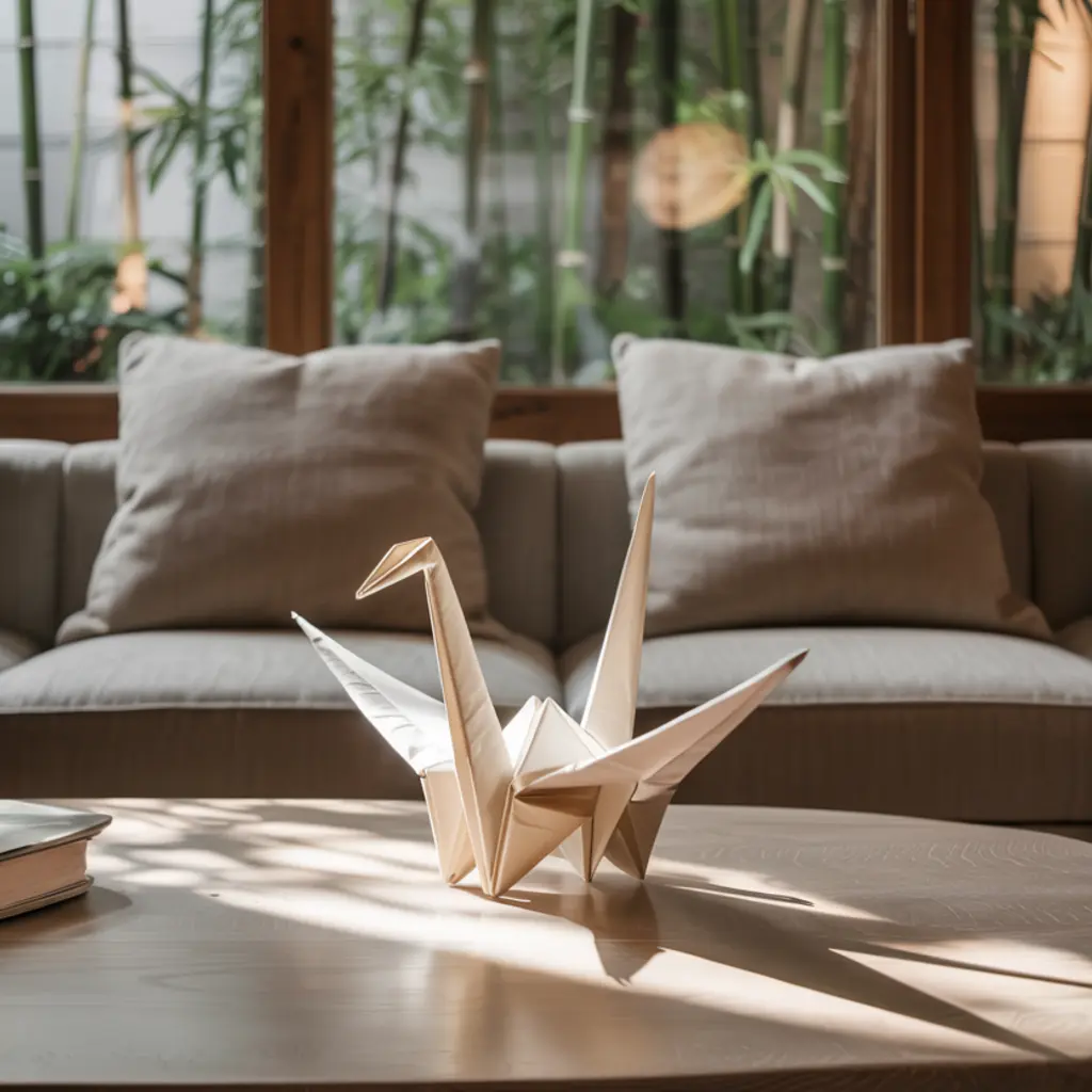 japandi living room with origami art decor