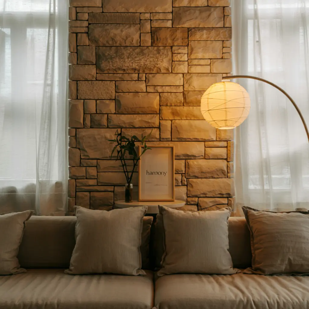 Japandi living room with stone accent wall