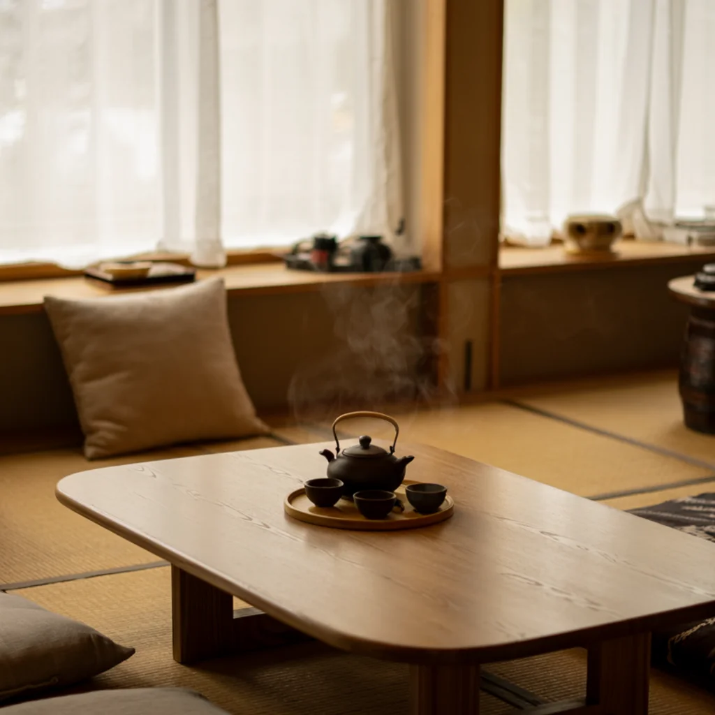 japandi living room with tatami flooring