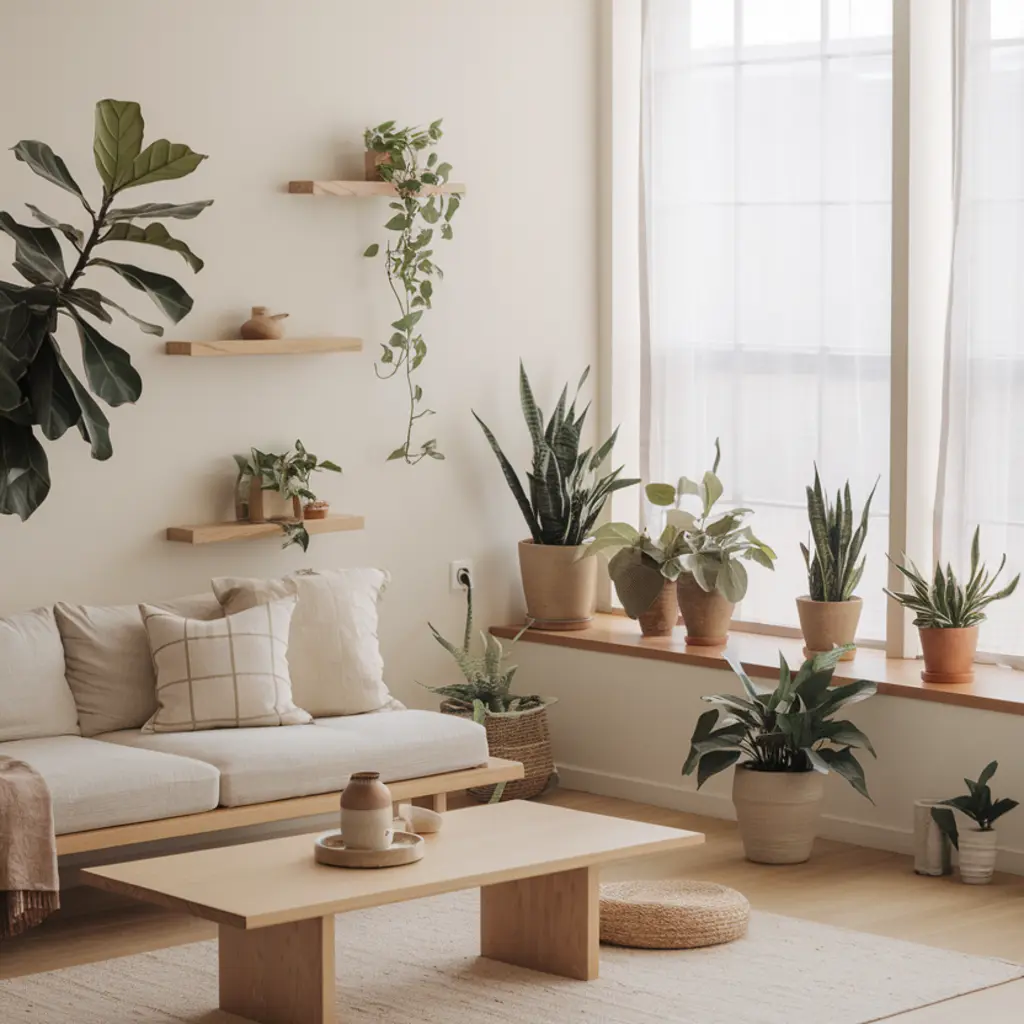 japandi living rooom with indoor plants