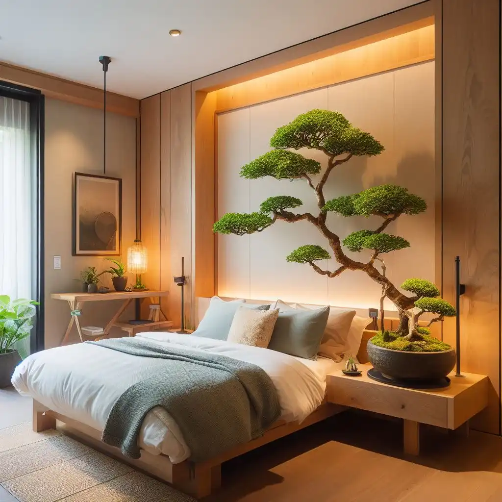 japandi bedroom with bonsai tree