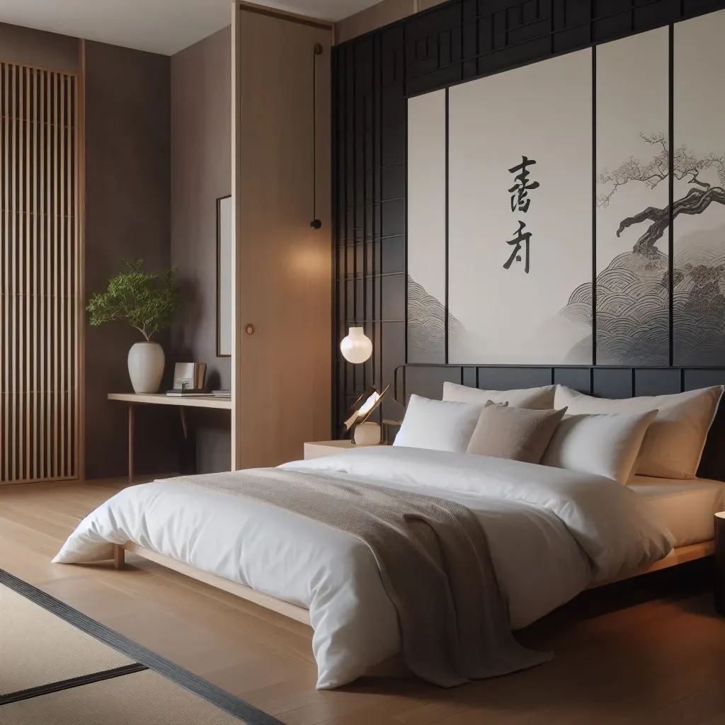 japandi bedroom with japanese calligraphy and scenery