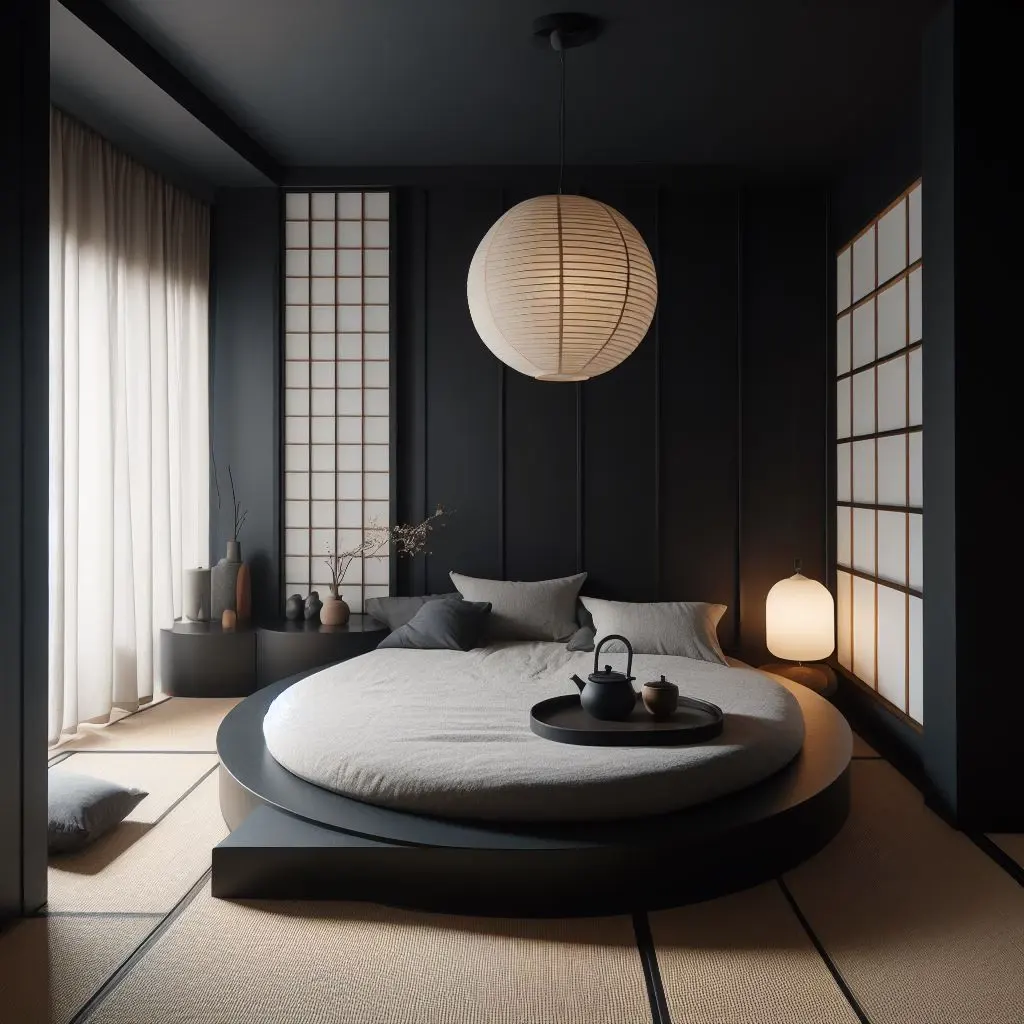 japandi bedroom with japanese paper lantern