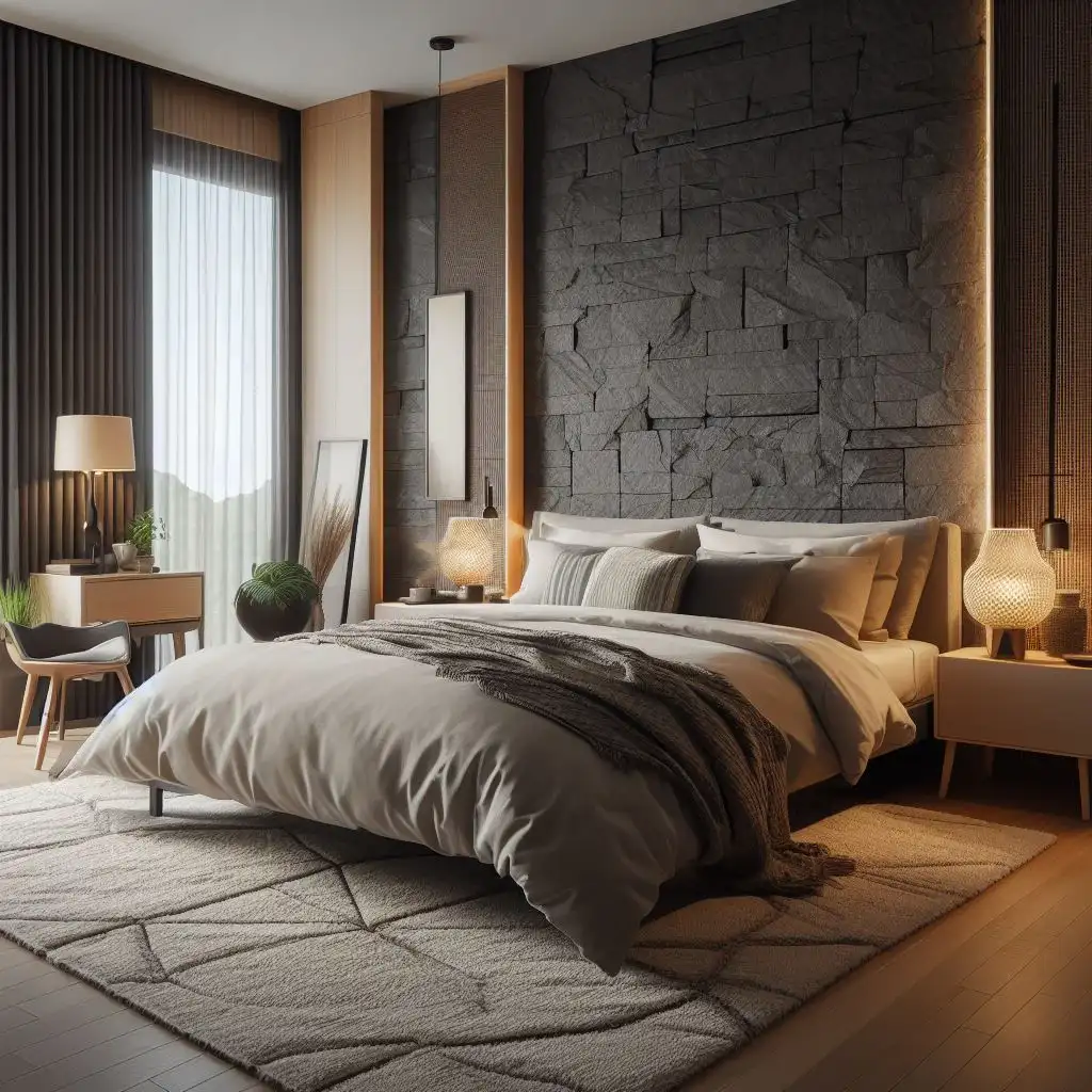japandi bedroom with natural accent wall