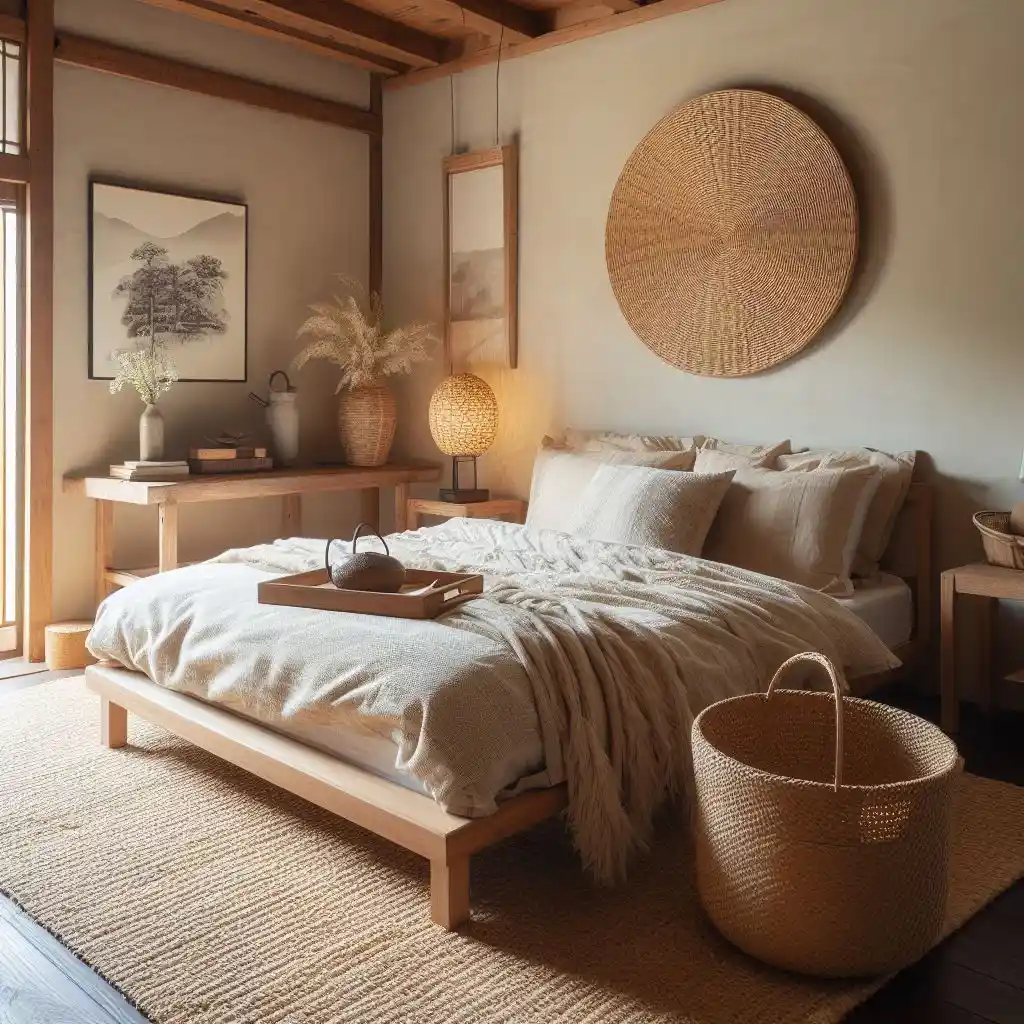 japandi bedroom with natural fiber basket