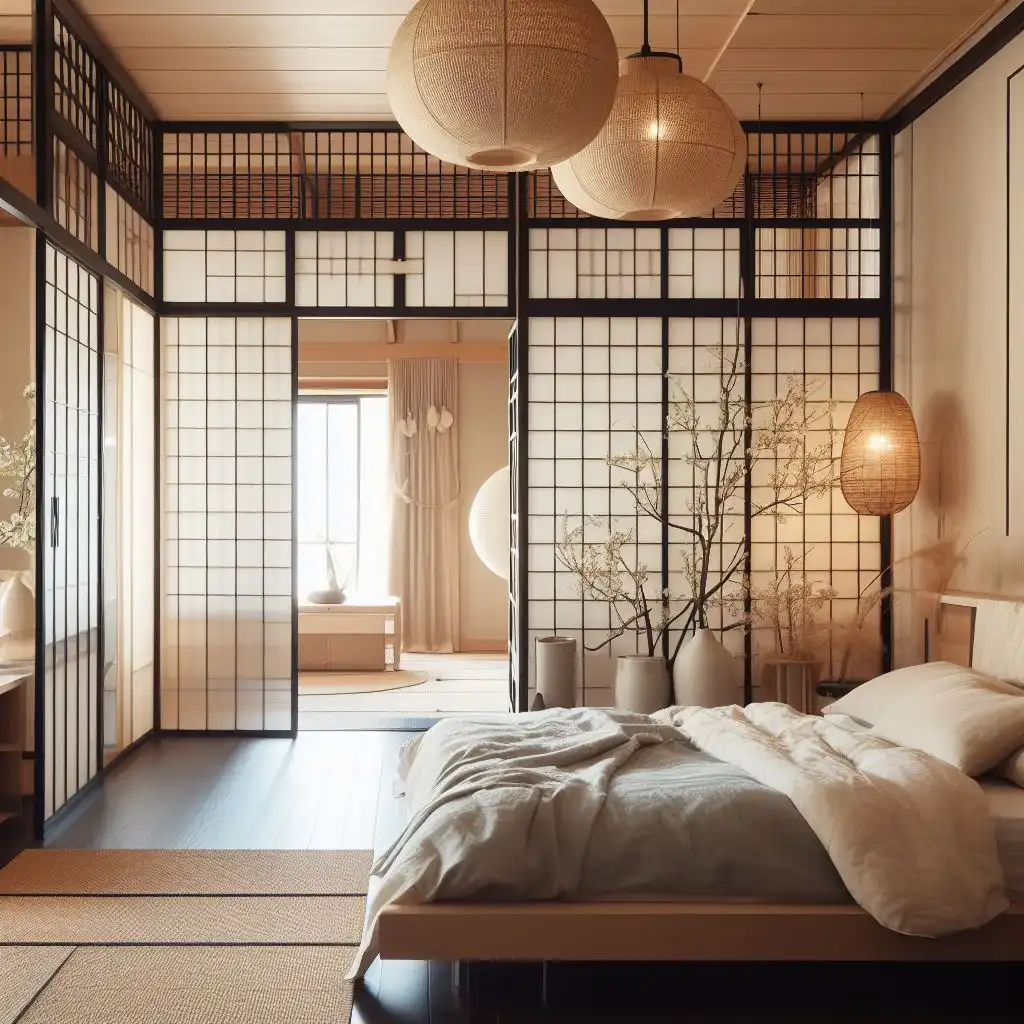 japandi bedroom with shoji screen partition