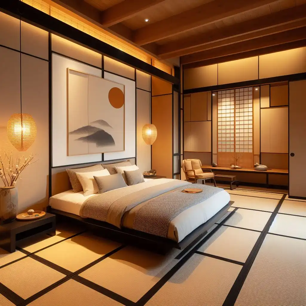 japandi bedroom with tatami mats on the floor