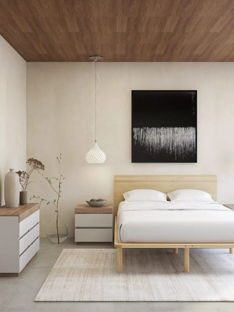 Japandi bedroom with wooden bed frame, nightstand, dresser