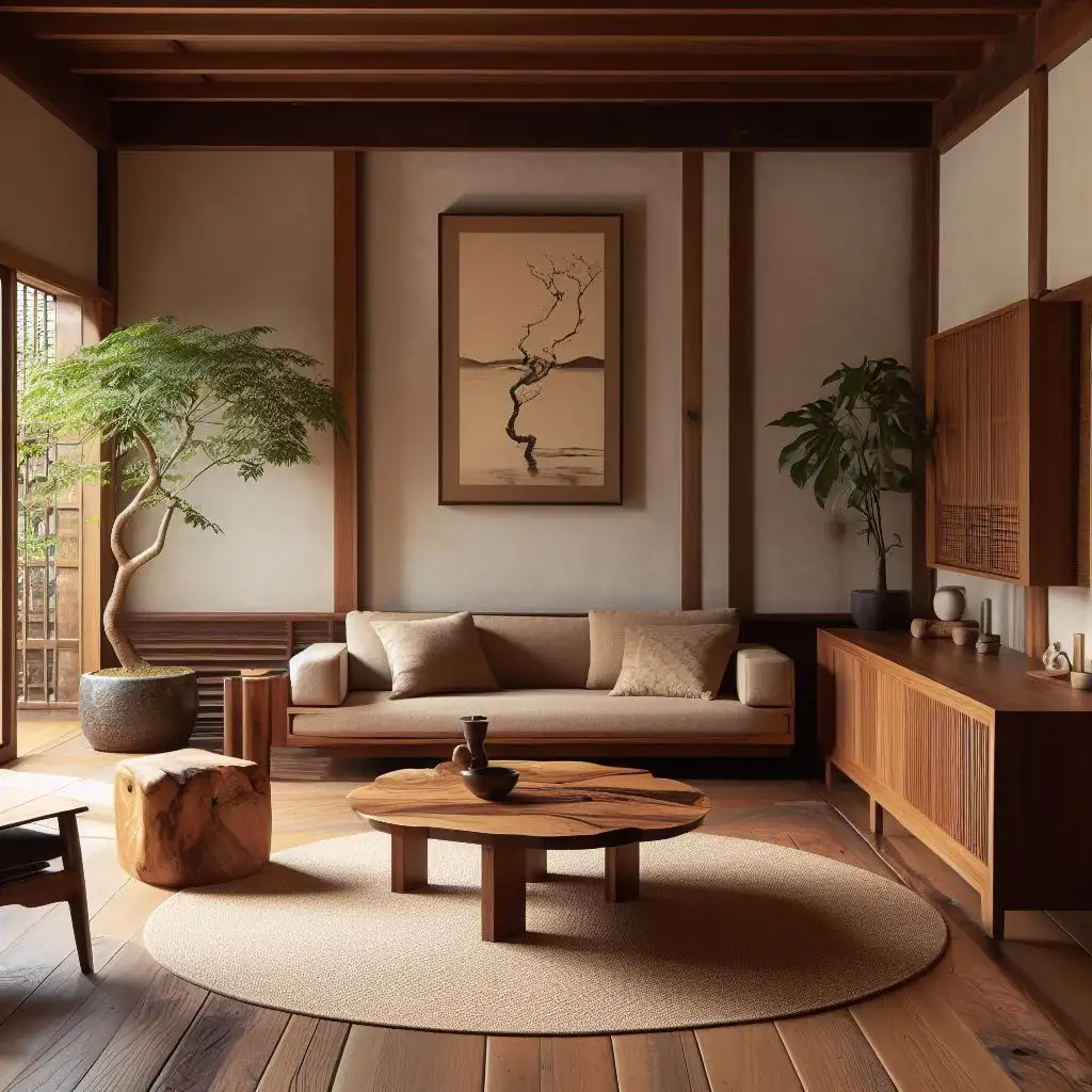 japandi living room with natural wood flooring and furniture