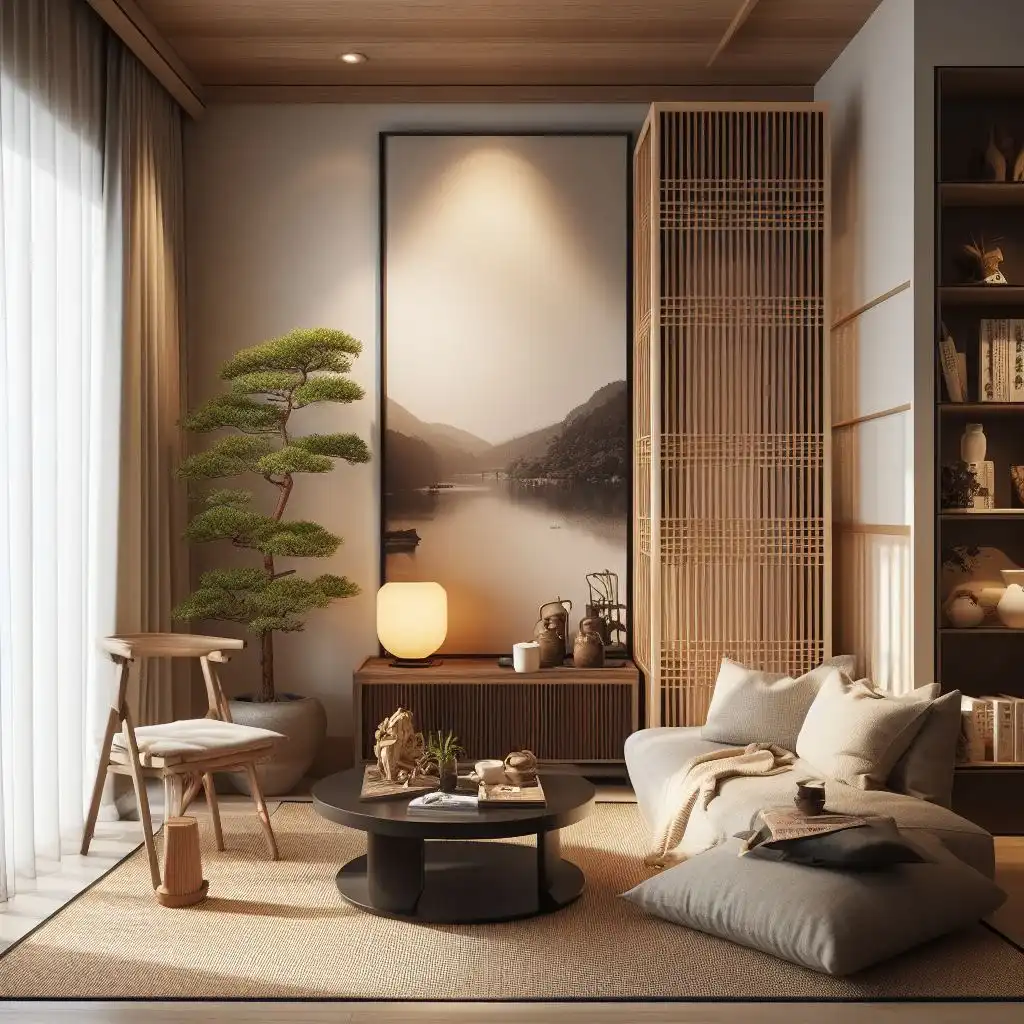 japandi living room with cozy reading nook