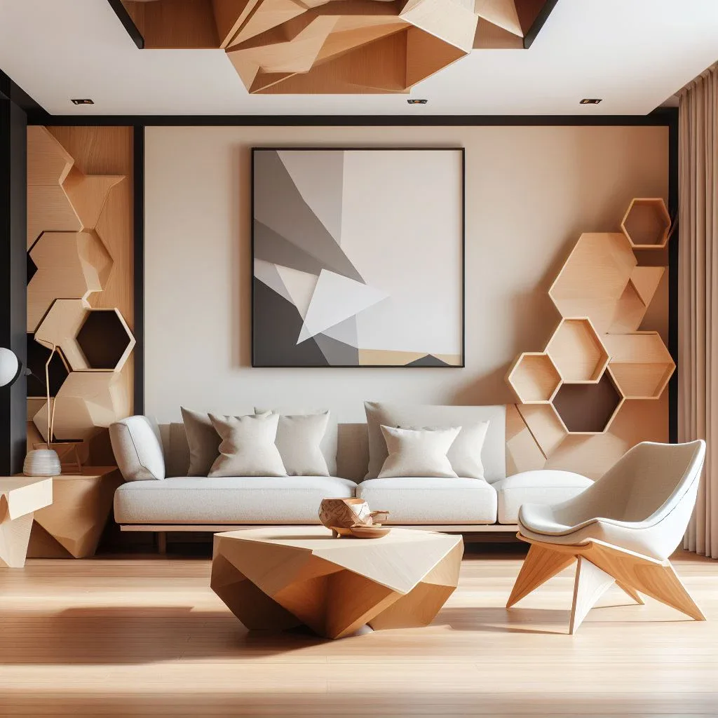 japandi living room with origami furniture and decor