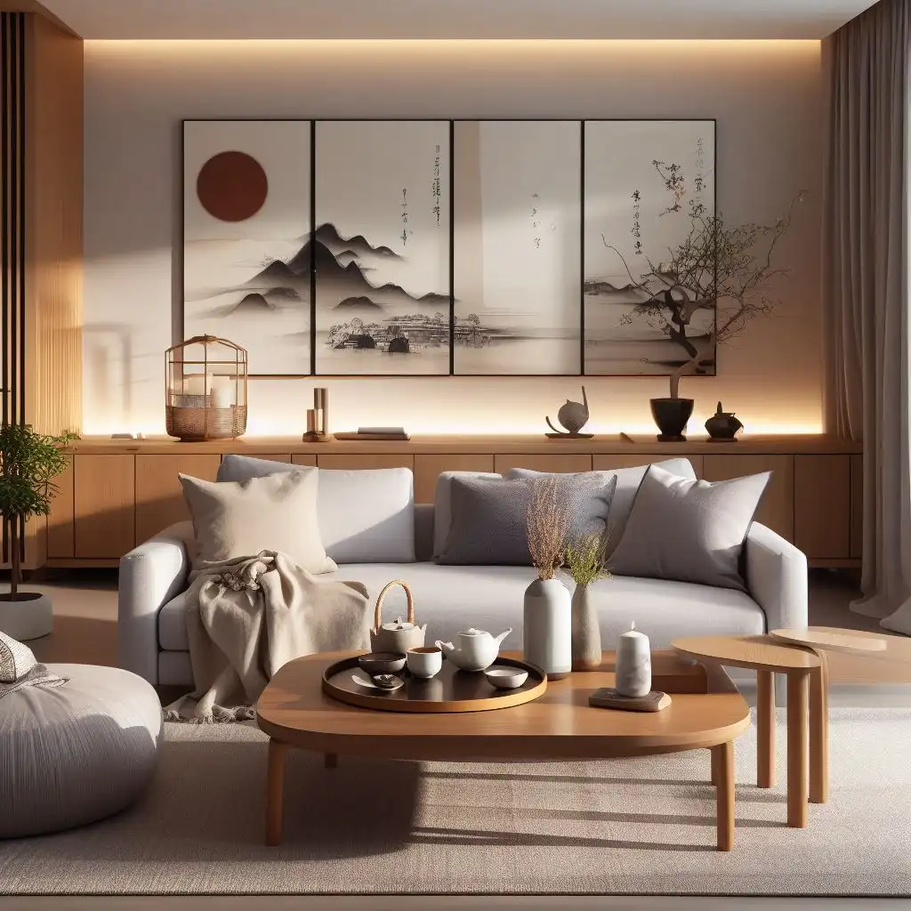 japandi living room with japanese tea set on wooden coffee table