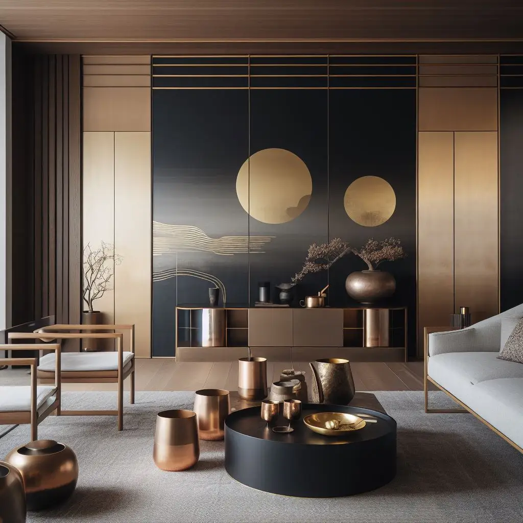 japandi living room with bronze and cooper accent