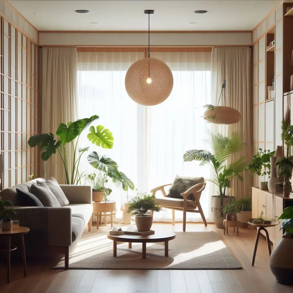 japandi living room with indoor plants