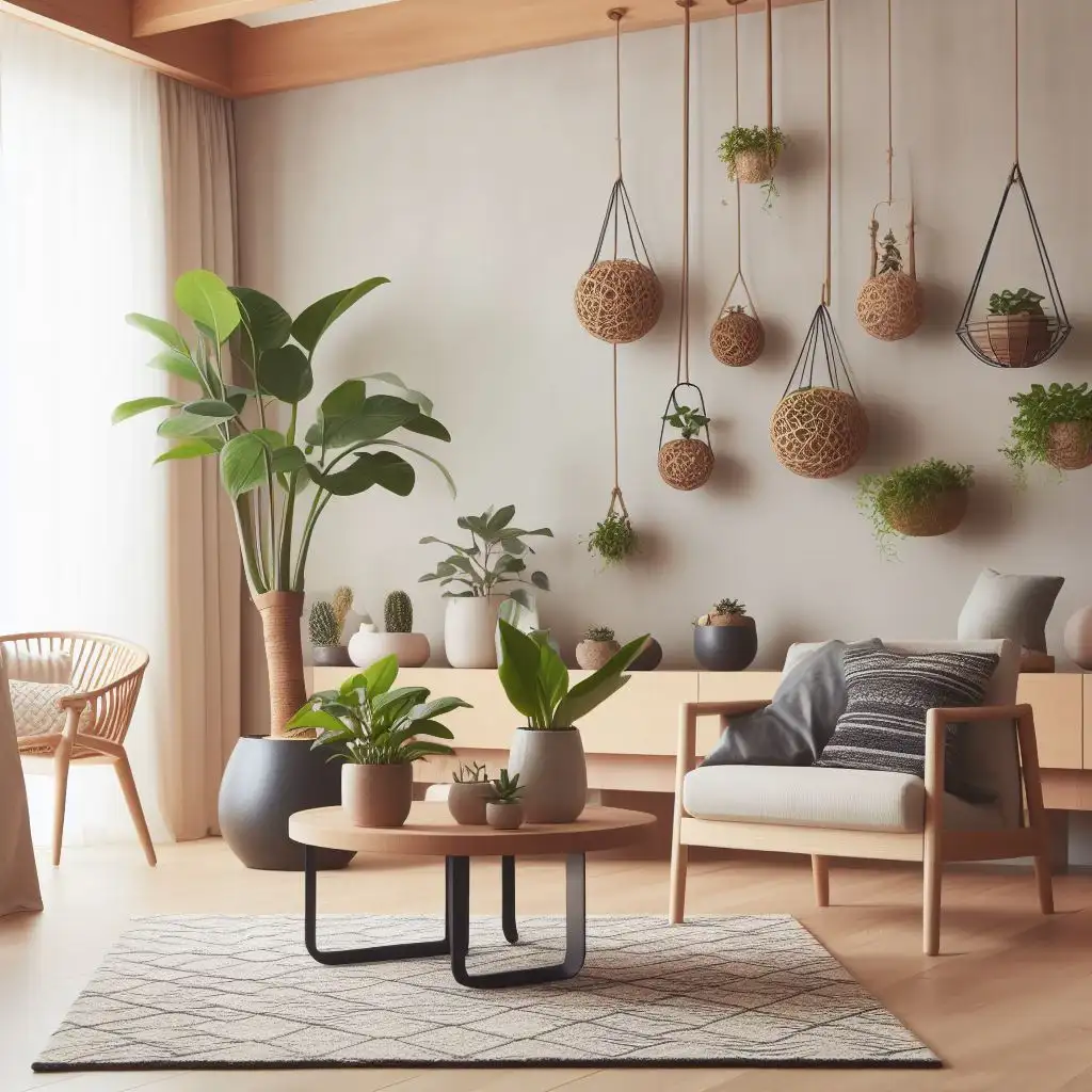 japandi living room with kokedama hanging