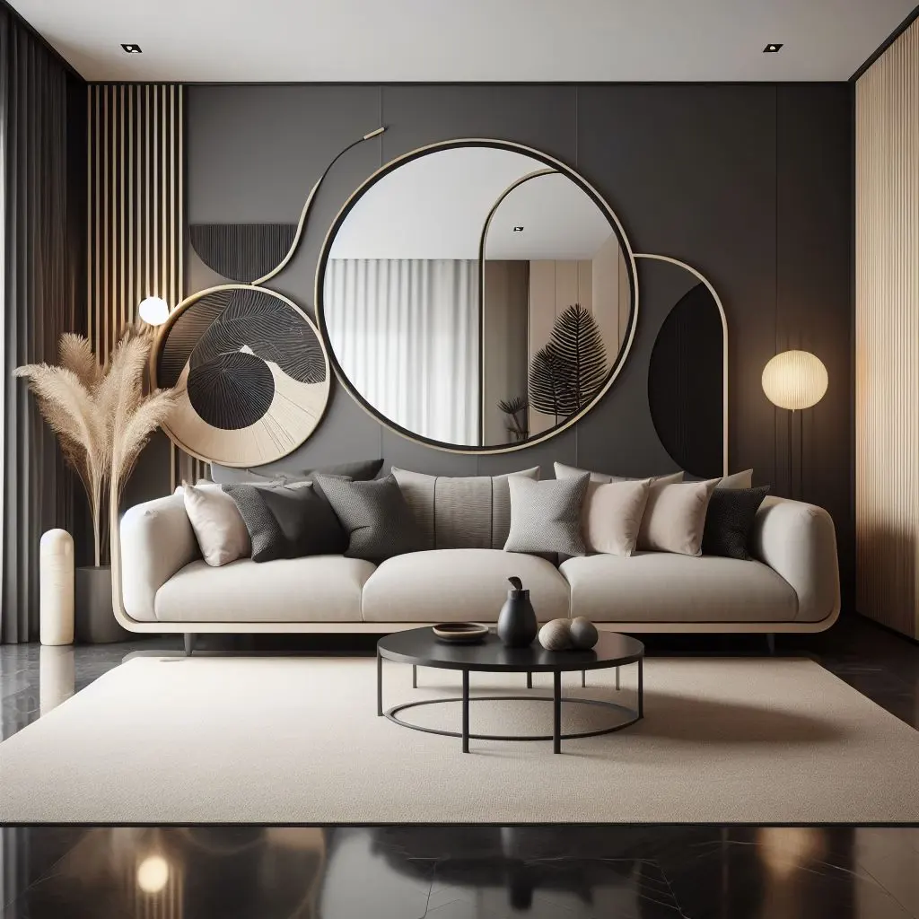 japandi living room with large round mirror