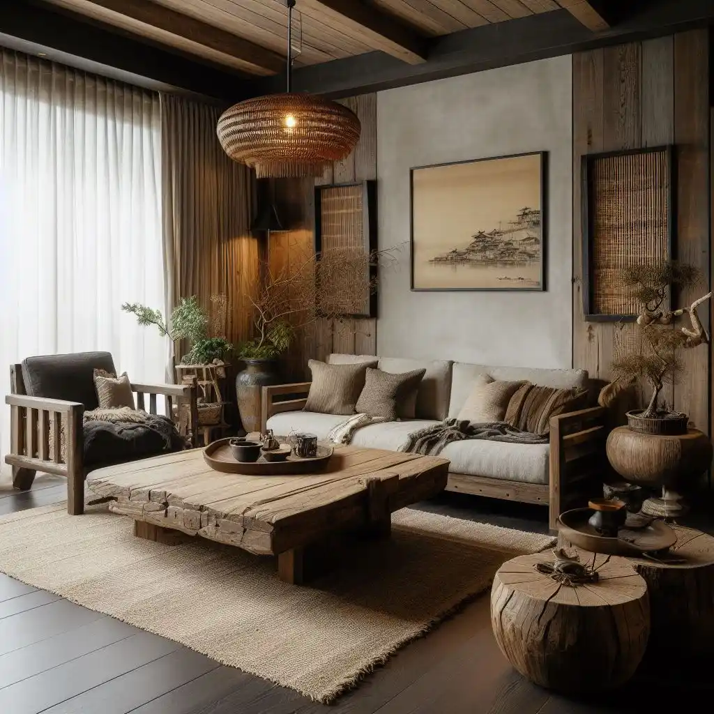 japandi living room with reclaimed wood