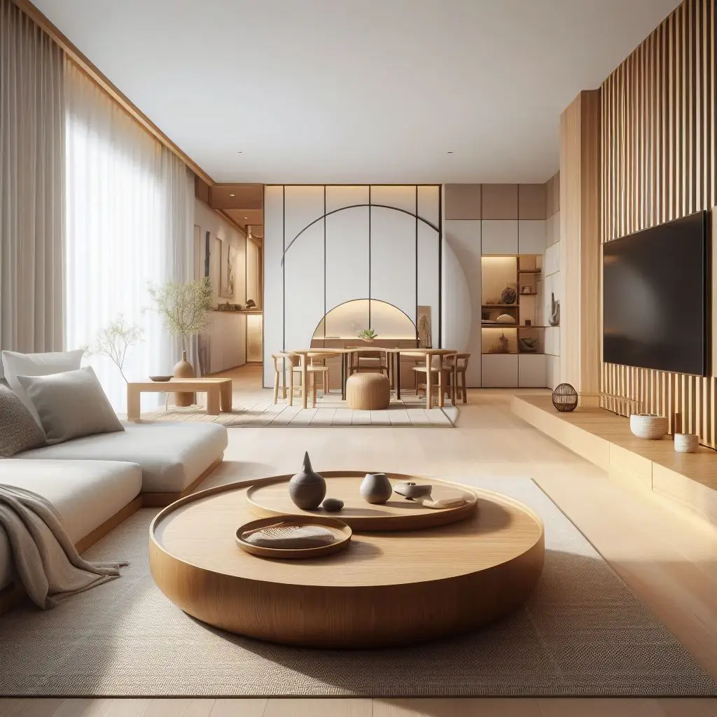 japandi living room with round coffee table
