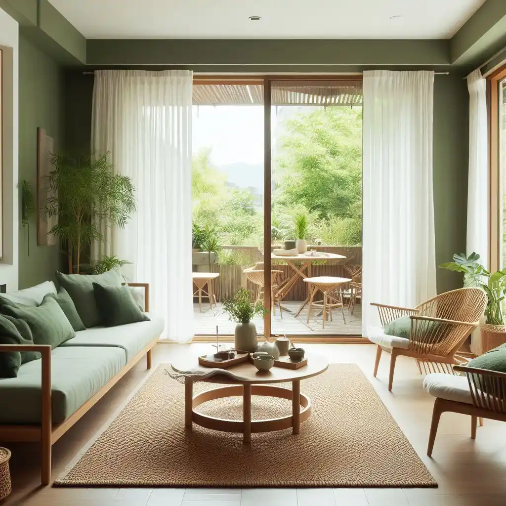 japandi living room with white and green tones
