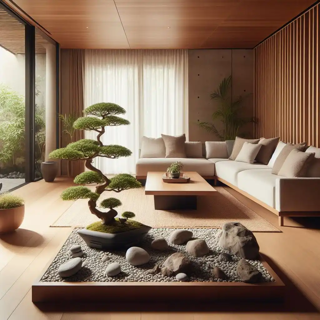 japandi living room with zen garden