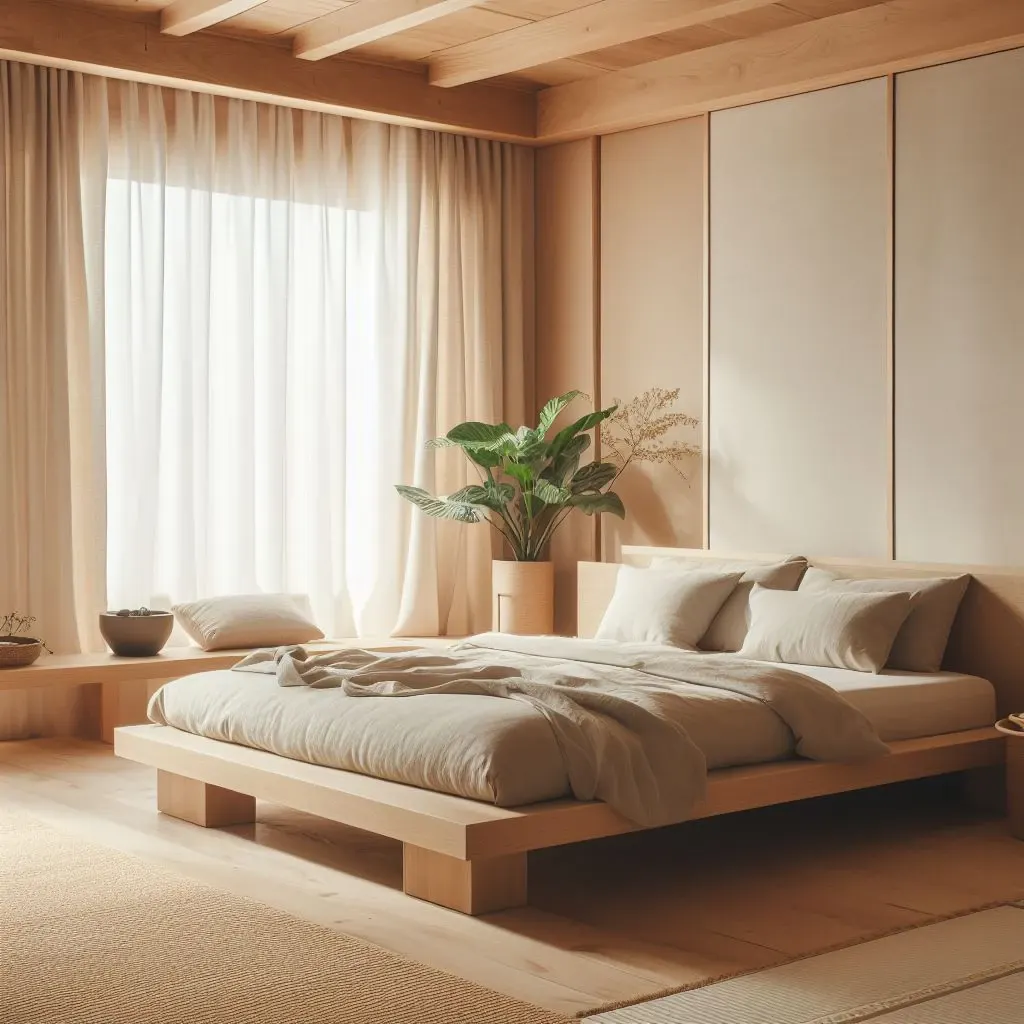japandi bedroom with neutral curtain