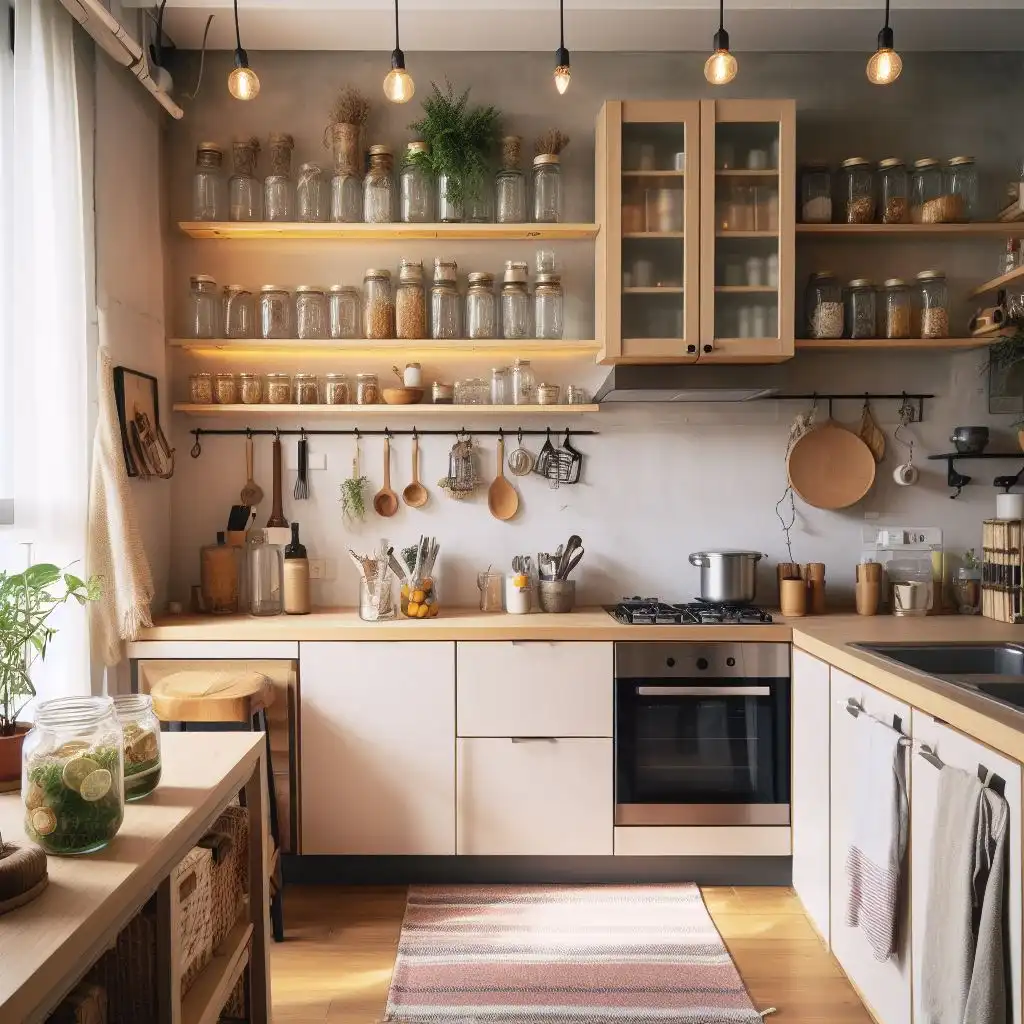 mason jars for storage and decoration in apartment kitchen