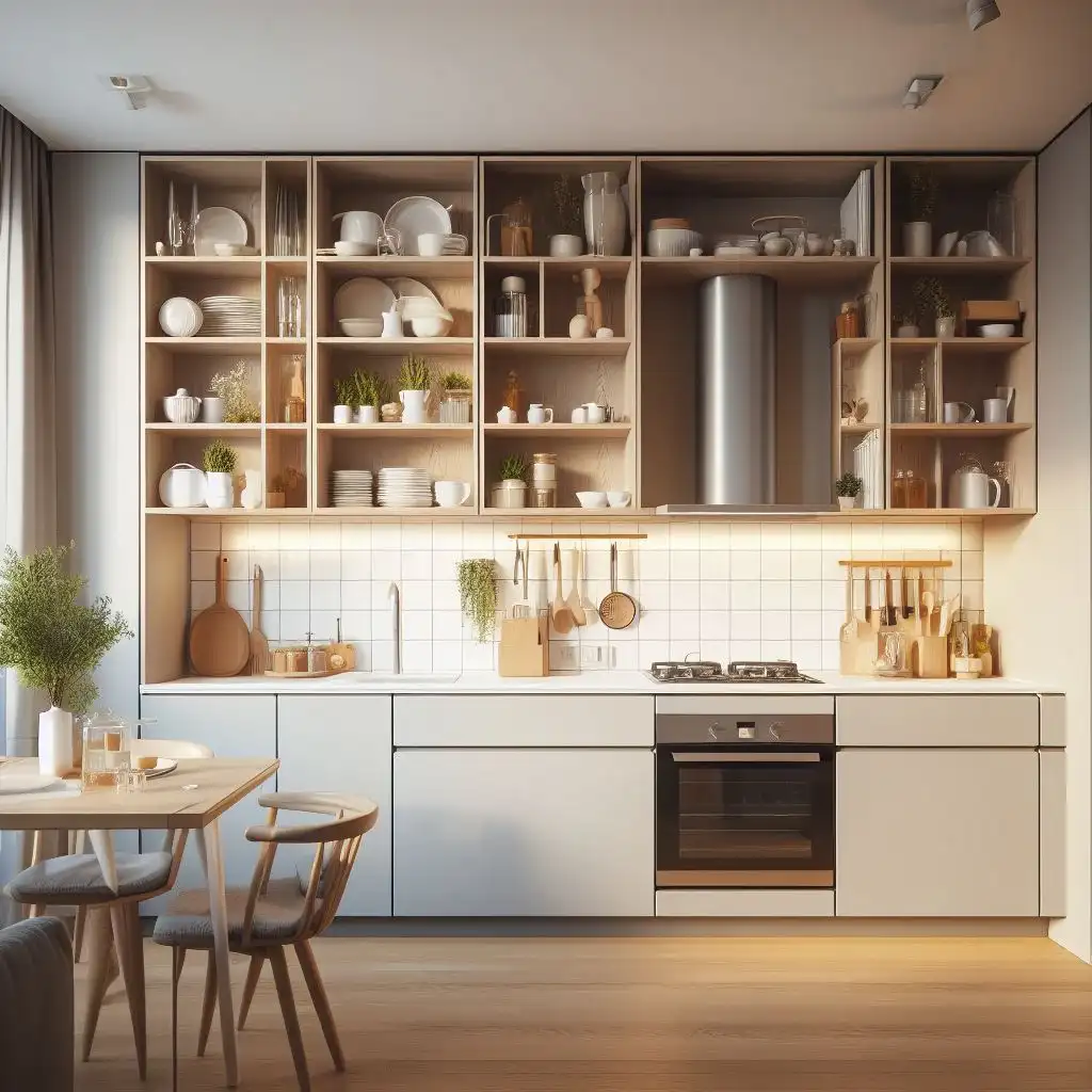 open shelving in apartment kitchen