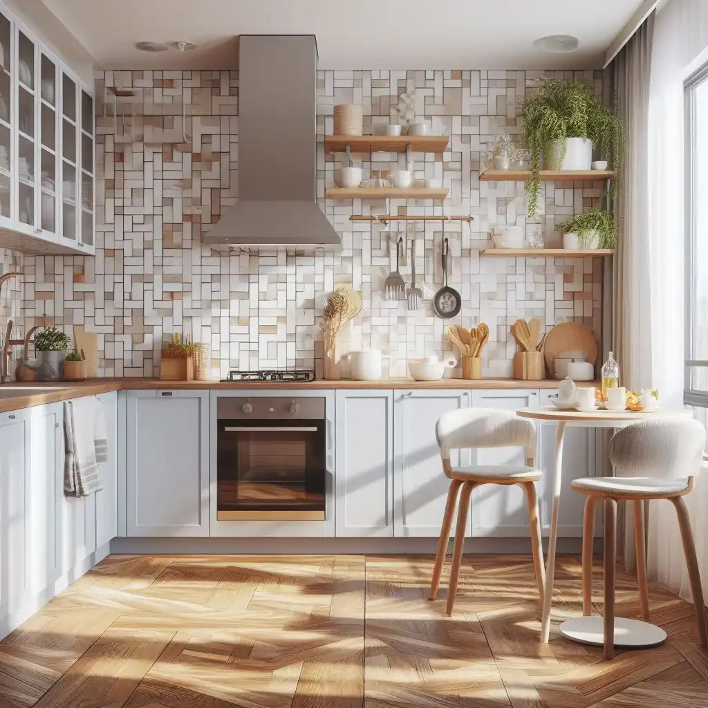 peel and stick backsplash tiles in apartment kitchen