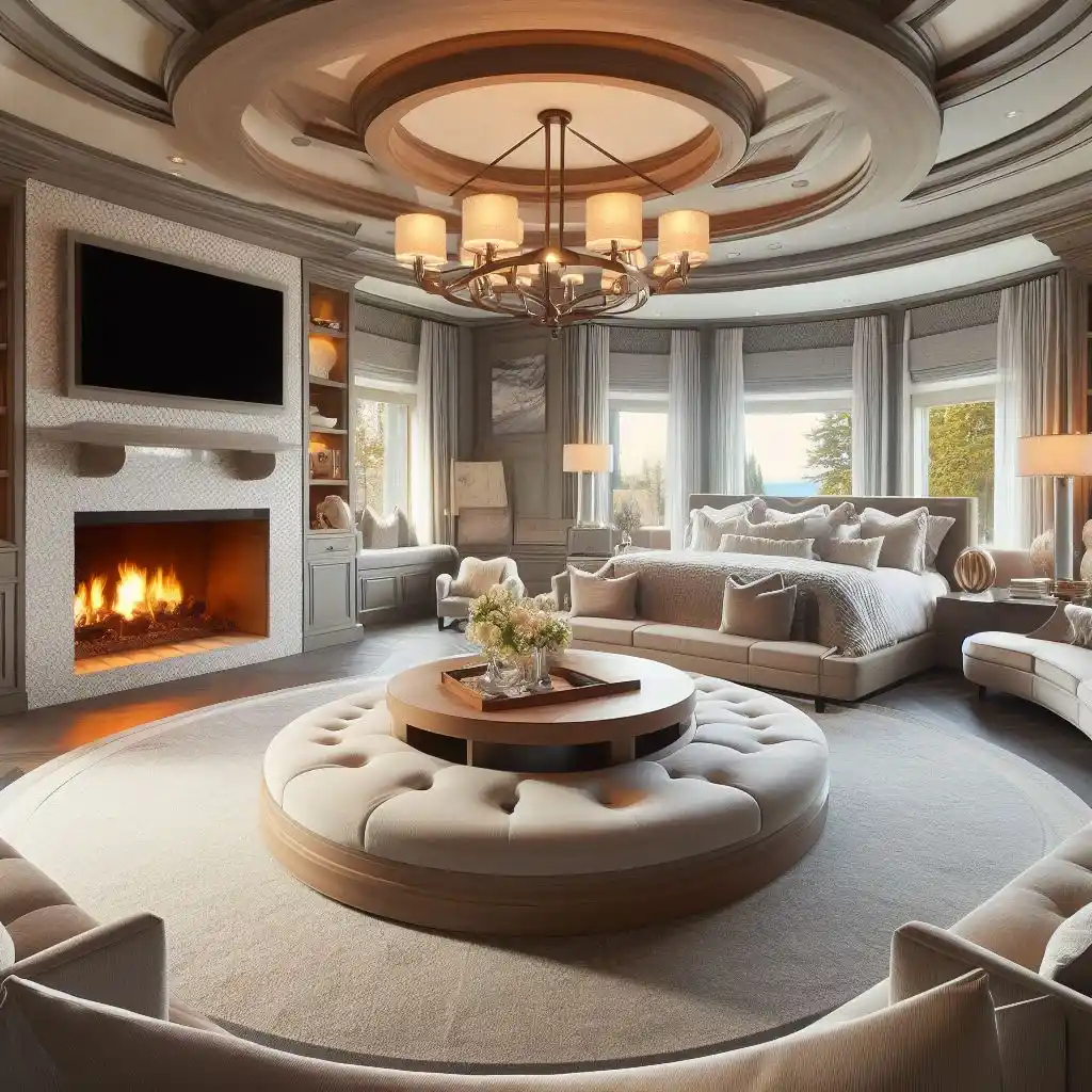 Master Bedroom With round sitting sofa around fireplace