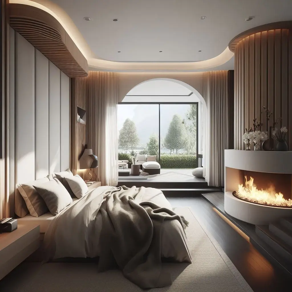 Master Bedroom With Sitting Area In Alcove And Fireplace 