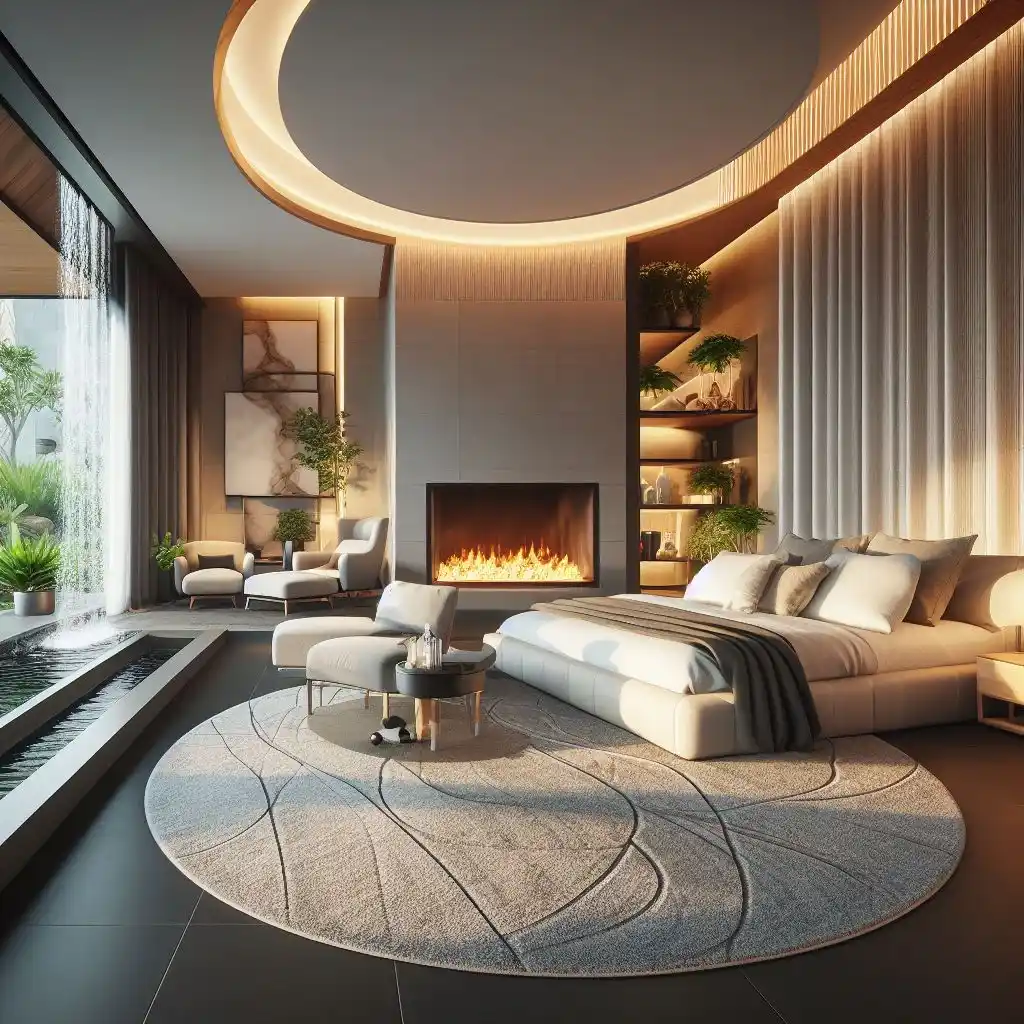 Master bedroom with waterfall, fireplace, and sitting 