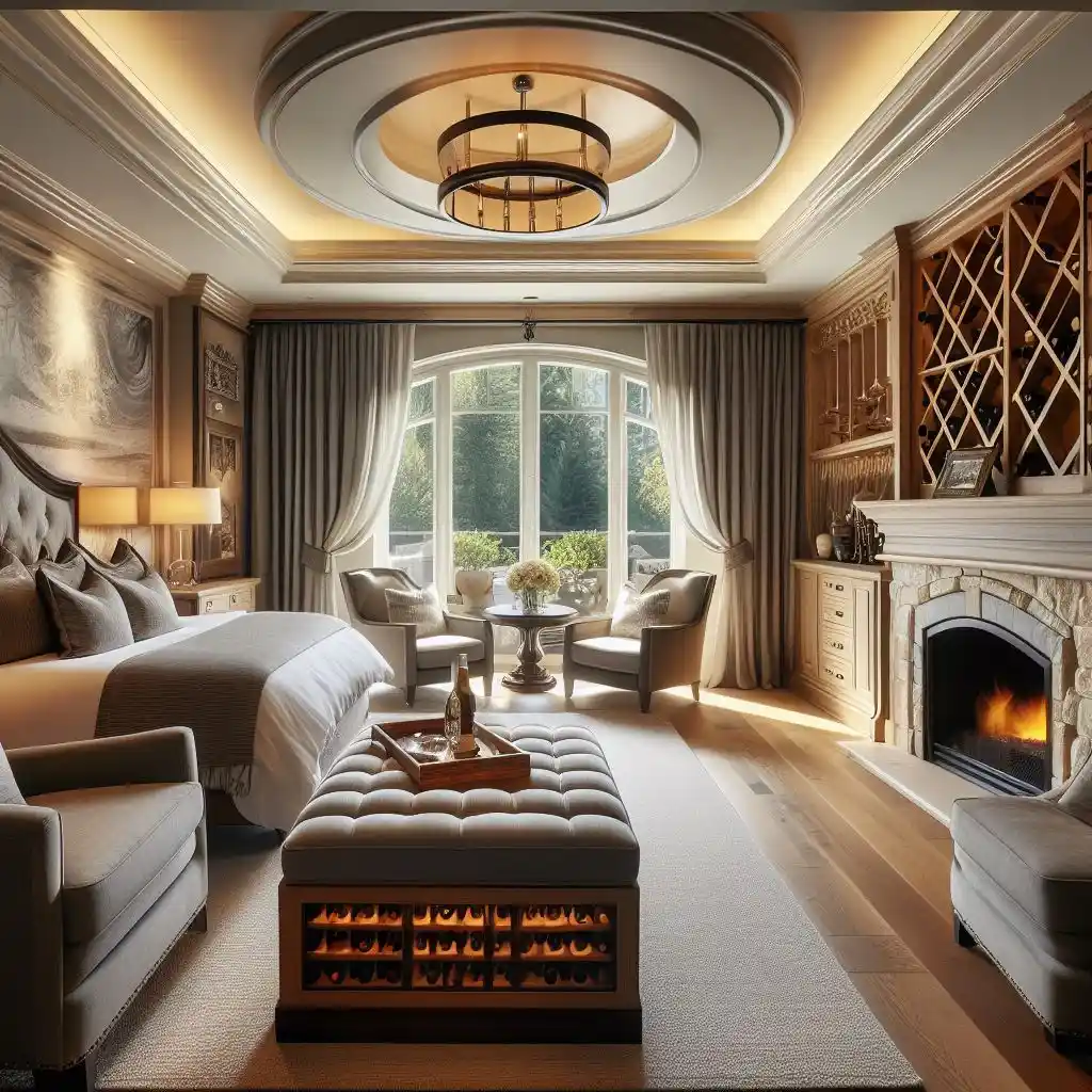 Master bedroom with wine cellar above fireplace