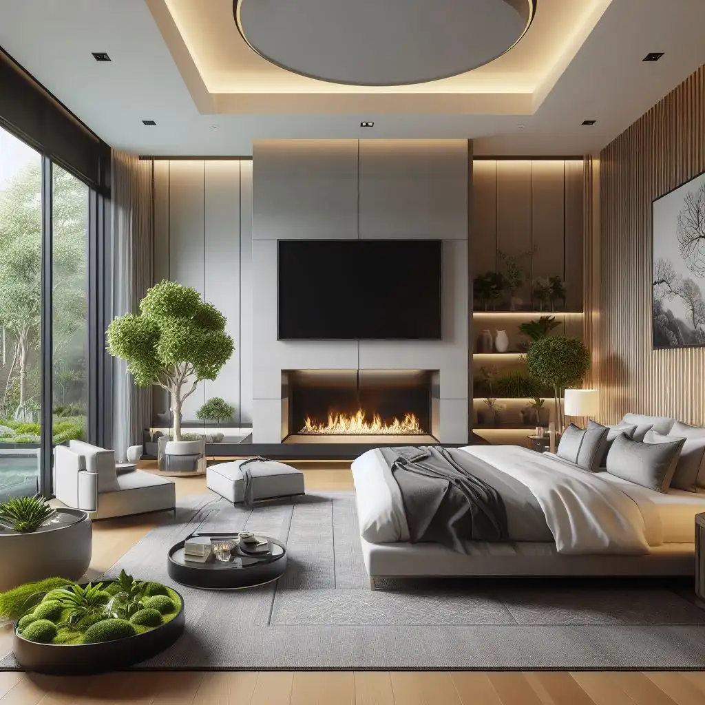 Master bedroom with zen inspired sitting in front of fireplace