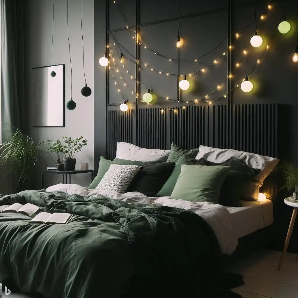 Black And Green String Lights in black bedroom