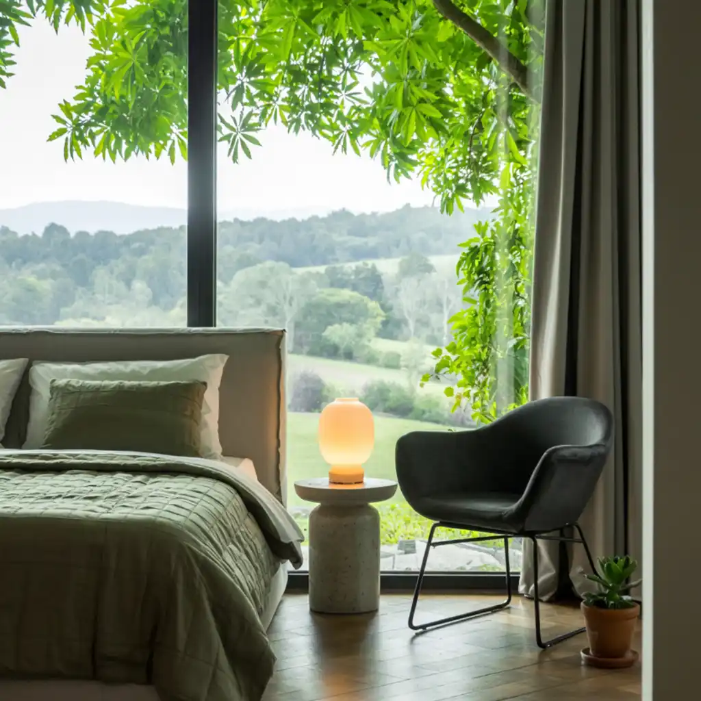 Green and black bedroom with green ceiling and green bedding