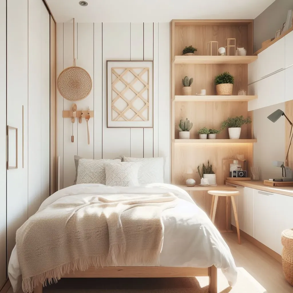 a scandinavian design small bedroom with white and wood color scheme